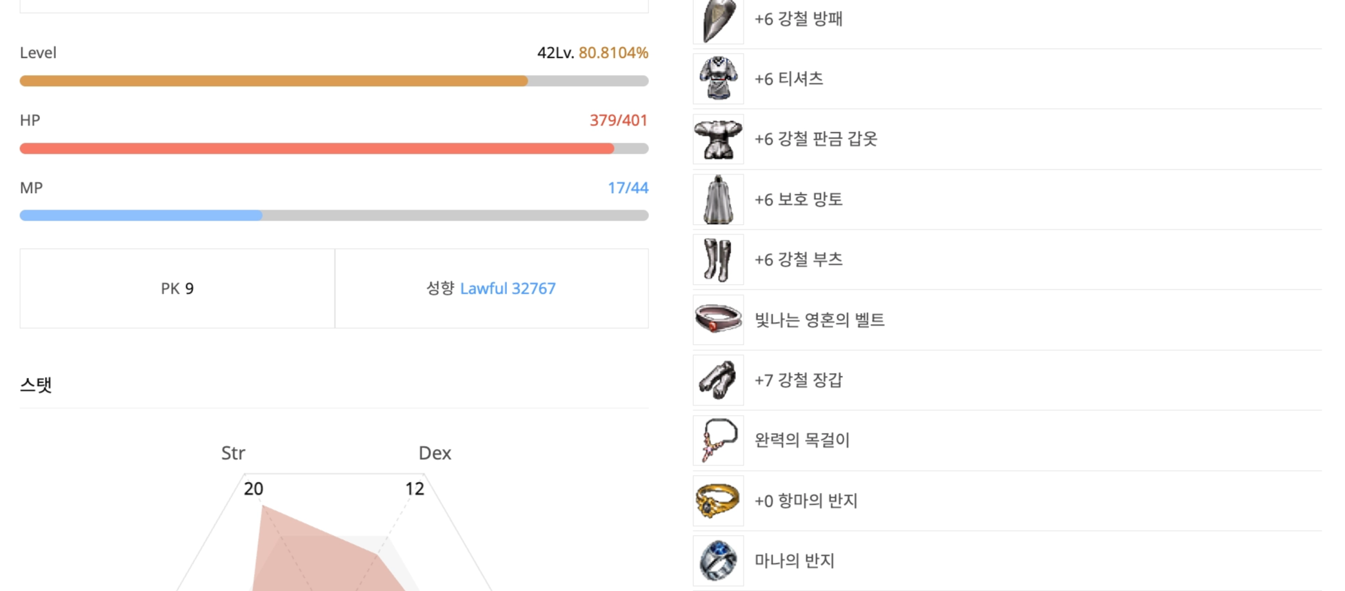 공식 홈페이지 접속 후 표시되는 대표 캐릭터 정보창