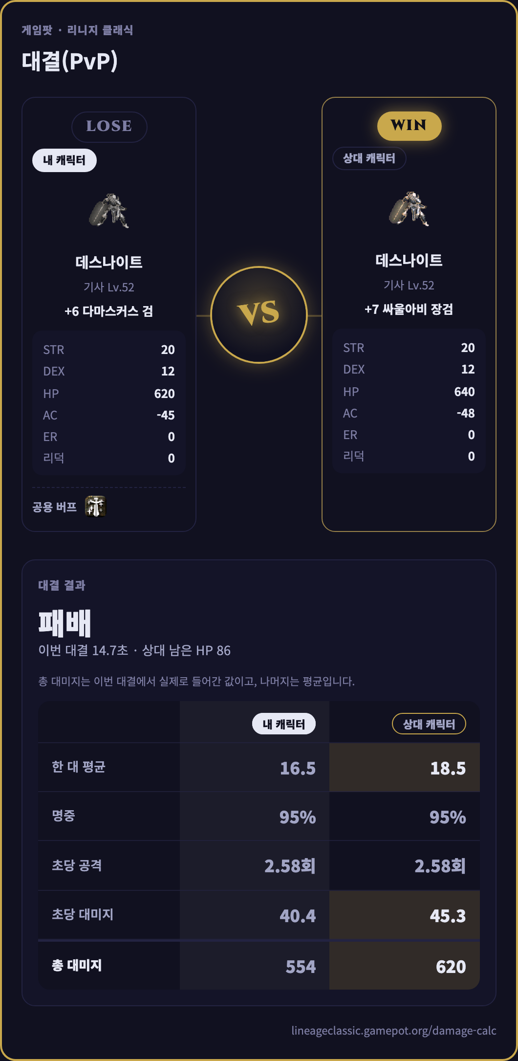 리니지 클래식: 대결(PvP) 결과 공유 화면